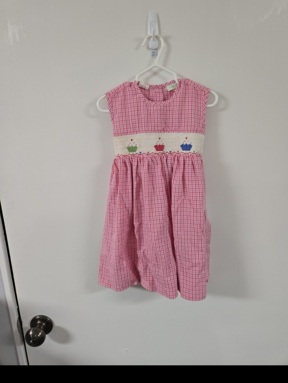 Precious Baby BOUTIQUE  pink checkered Cupcake themed smocked dress sz 18 m